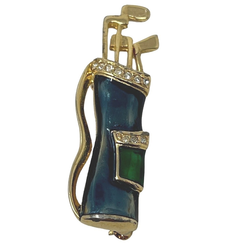 Vintage Golf Bag Brooch Gold‎ Tone with Blue and Green Enamel Crystal Accent